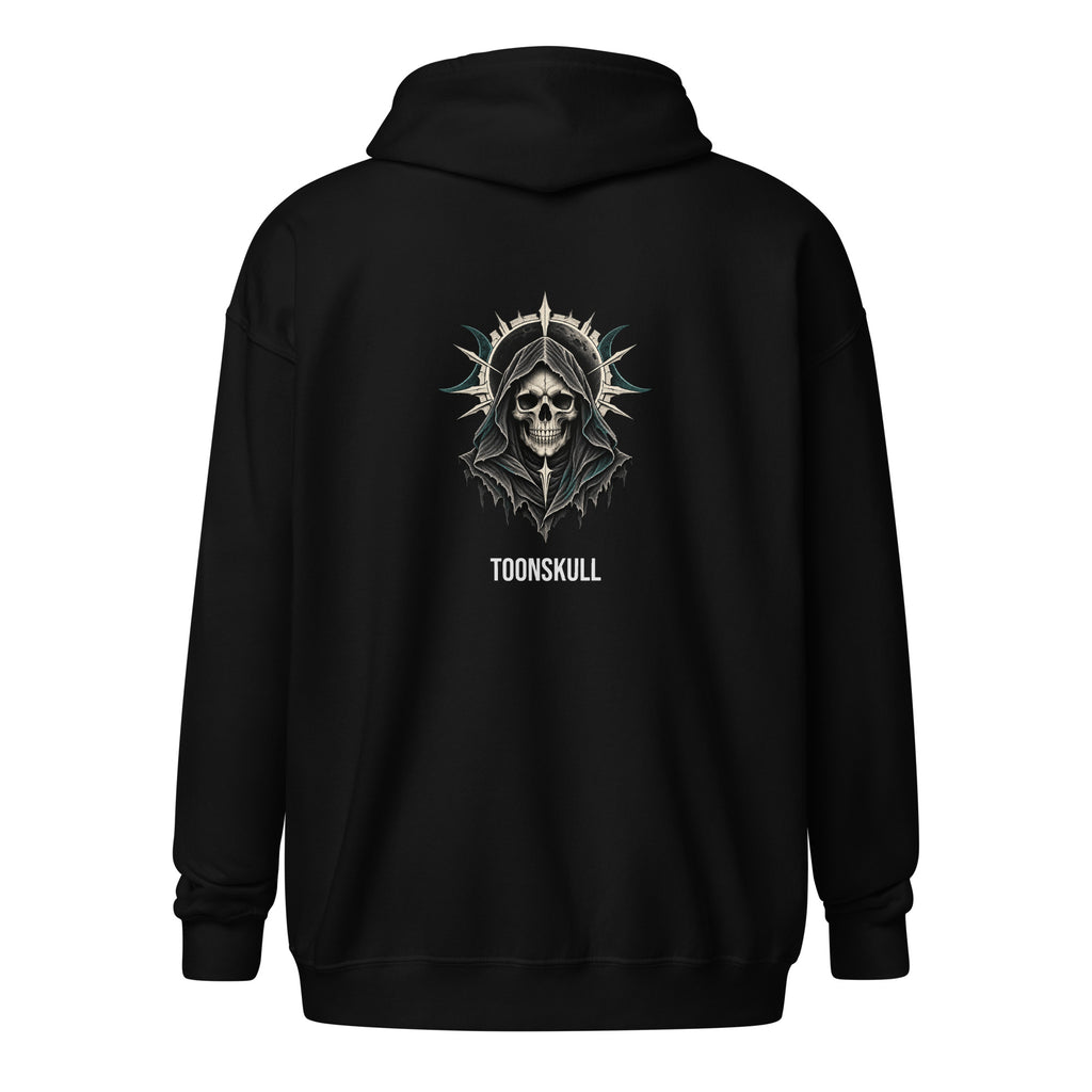 TOONSKULL Eclipse Reaper Zip Hoodie in black — back artwork