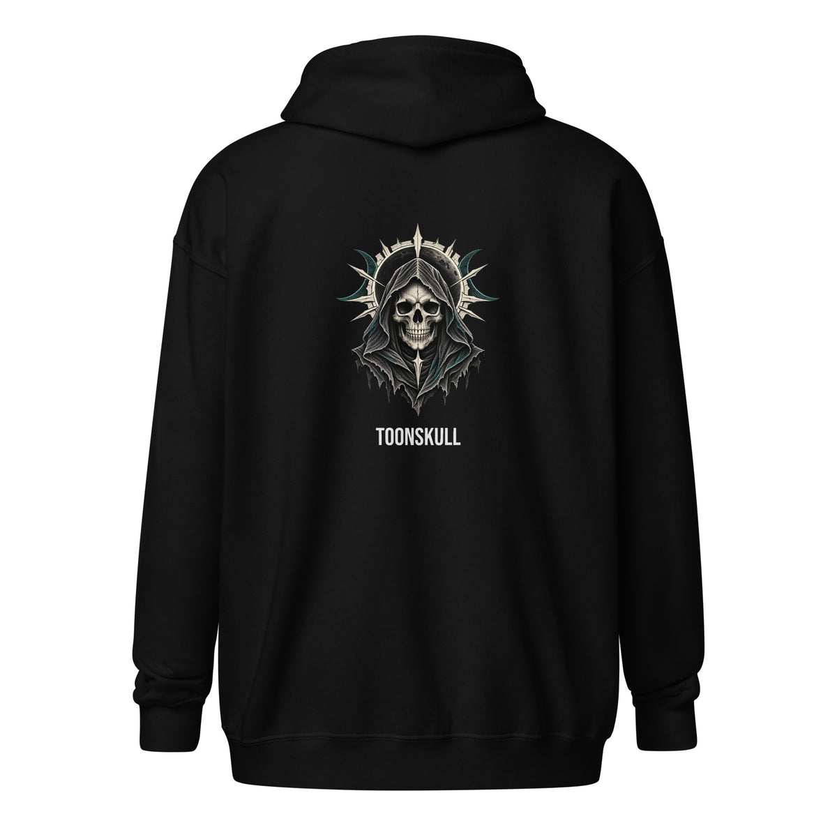 TOONSKULL Eclipse Reaper Zip Hoodie in black — back artwork